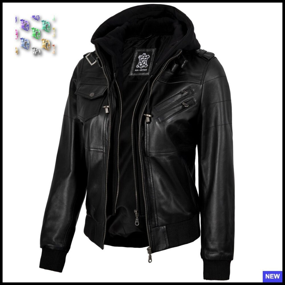Lambskin Leather Jacket Women Hooded Aviator Style Detachable Hood Chic